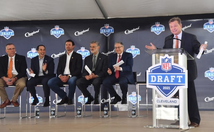 Radio voice of the Browns Jim Donovan (right) speaks during a press conference in Public Square to announce Cleveland as the host of the 2021 NFL Draft. Since joining the NFL in 1950, the Browns have made plenty of memorable draft picks.